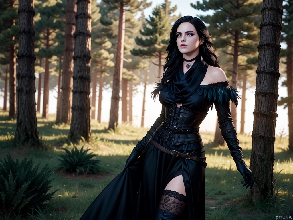 Yennefer, in forest, long hair, black hair, purple eyes, scarf, black dress, bare shoulders, feathers, thighhighs, gloves, boots, choker, corset, elbow gloves, (intricate details), perfect eyes, pruple eyes, perfect face, perfect lighting, beautiful, (masterpiece:1.2), (best quality:1.2)