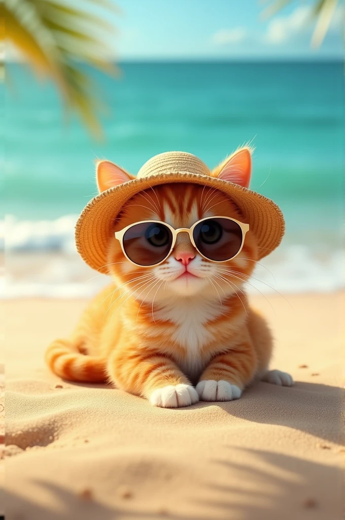 Kitten sunbathing on a beach with sunglasses and a beach hat. Gato amarelo 