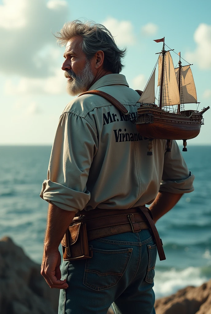 Please make me a photo of a ship captain who is carrying a ship with a shirt that says Mr. RIJENG's on the back of his shirt.
