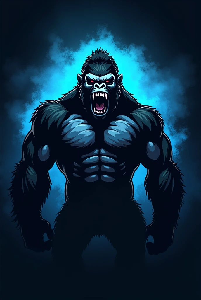 logo in the shape of a drawing of a very strong gorilla (strong arms and abs) and very scary blue with half open mouth showing teeth