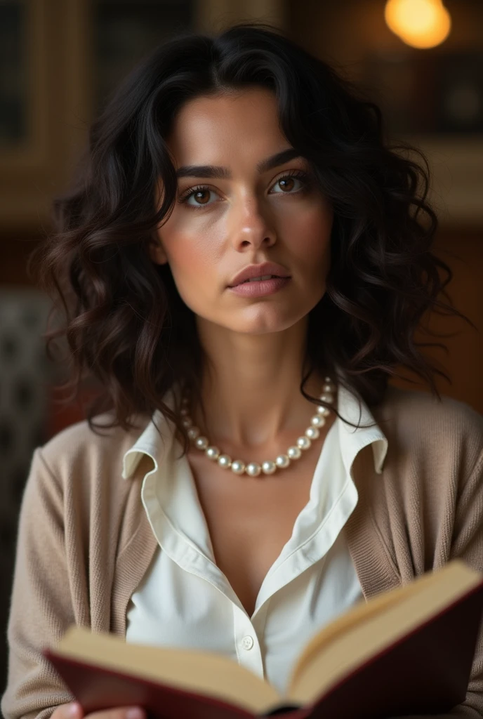 A real photograph of a white woman with Brazilian features, almond shaped eyes and curly hair, well dressed and elegant, reading a book