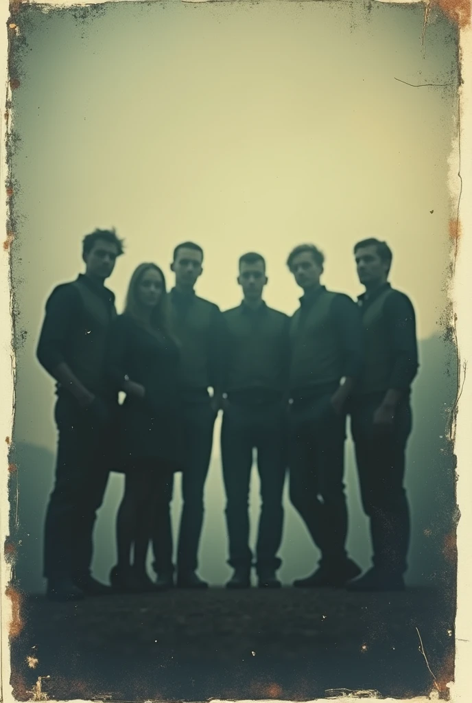 Create a vintage Polaroid photo featuring the shadows of seven adult men and one adult woman standing side by side. Only their shadows are visible, with no discernible features of the individuals themselves. The photo has a mysterious atmosphere, suggesting an eerie, hidden story. The edges of the photo are slightly worn and faded, emphasizing its age and the enigmatic scene captured within.