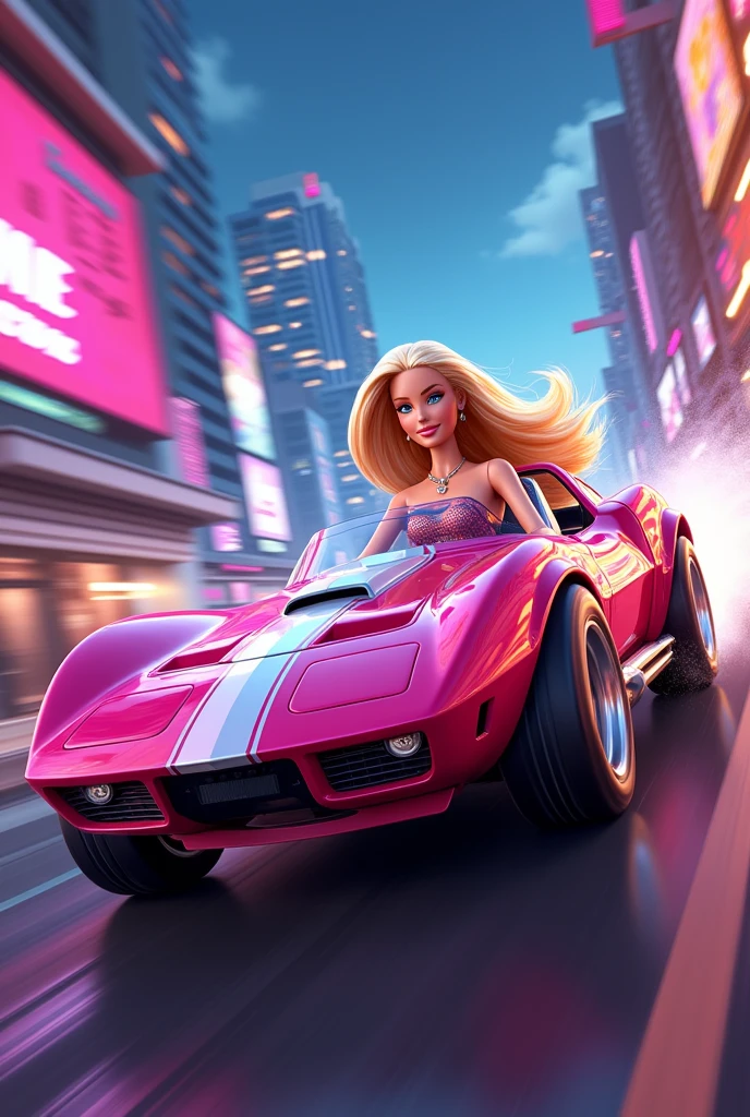 Barbie in a Fast and Furious cartoon car