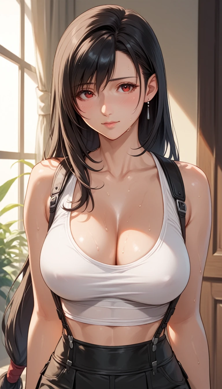 Izayoi Seishin artstyle, (score_9, score_8_up, score_7_up), (best quality, masterpiece),perfect anatomy,(aesthetic,very aesthetic),official style, (ultra-high resolution), 1girl, tifa lockhart, final fantasy,(beautiful woman).tareme, black hair, low-tied long hair, red eyes, bangs, wearing official attire, sweating, zettai ryouiki ,(front view),straight-on,(large_breasts:1.2),Solo, looking shy