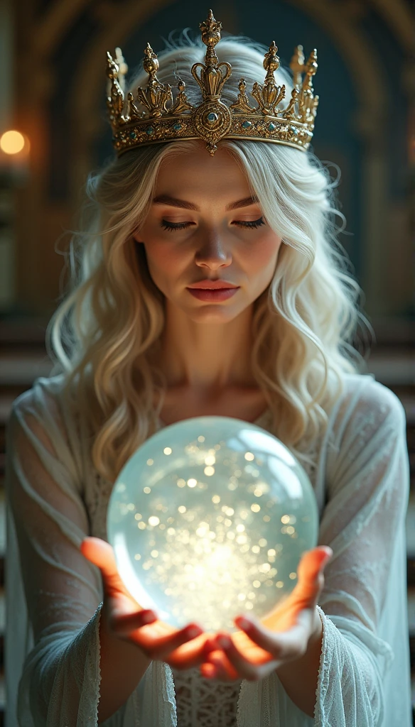 Nordic Goddess,I&#39;m looking forward to seeing her up close with the crown on., Magic crystal ball in hand, Casting a Spell, Soft look, Highest quality, 4K resolution, Perfect Face, In a luxurious palace, Hyperrealistic art)