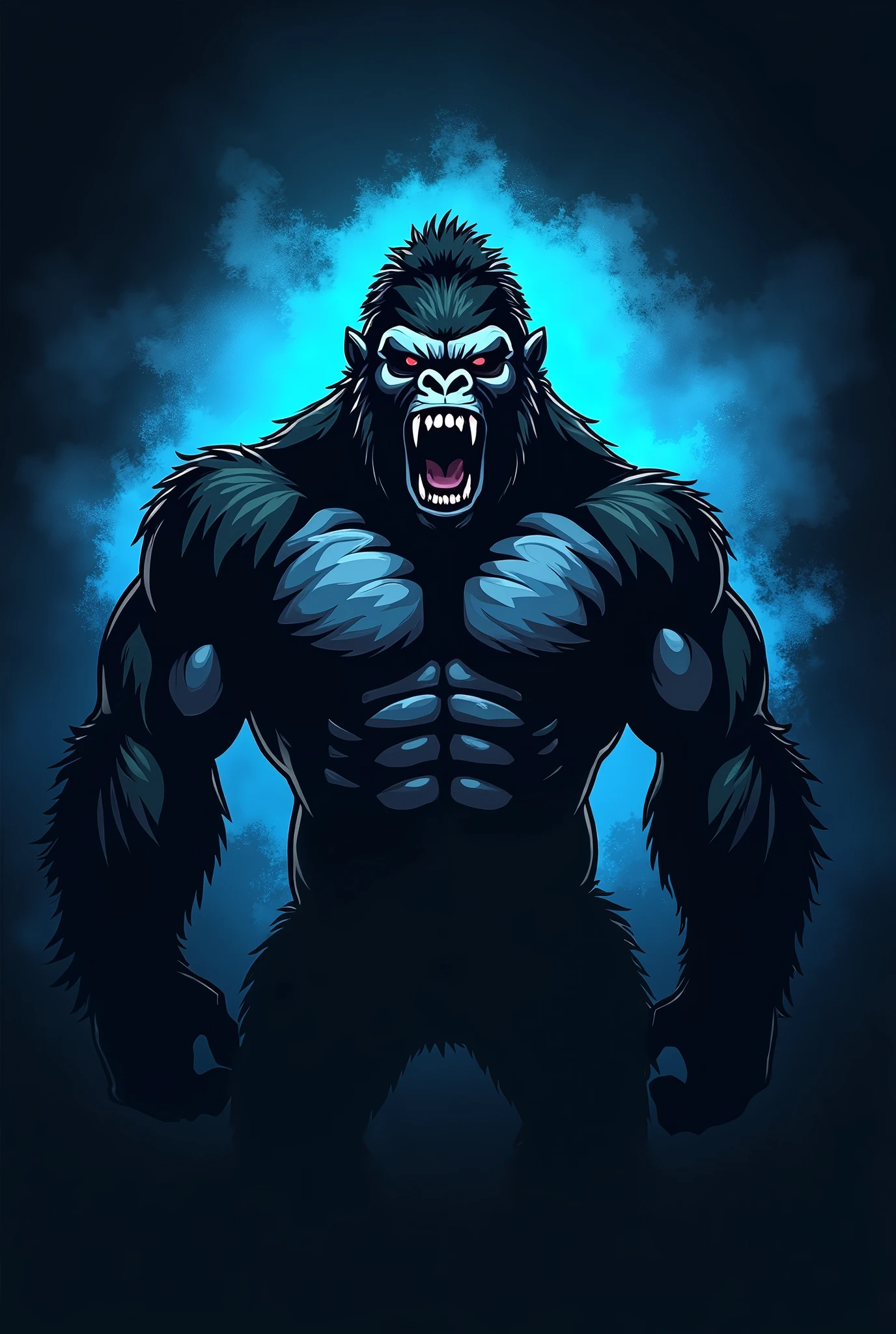 logo in the shape of a drawing of a very strong gorilla (strong arms and abs) and very scary blue with half open mouth showing teeth