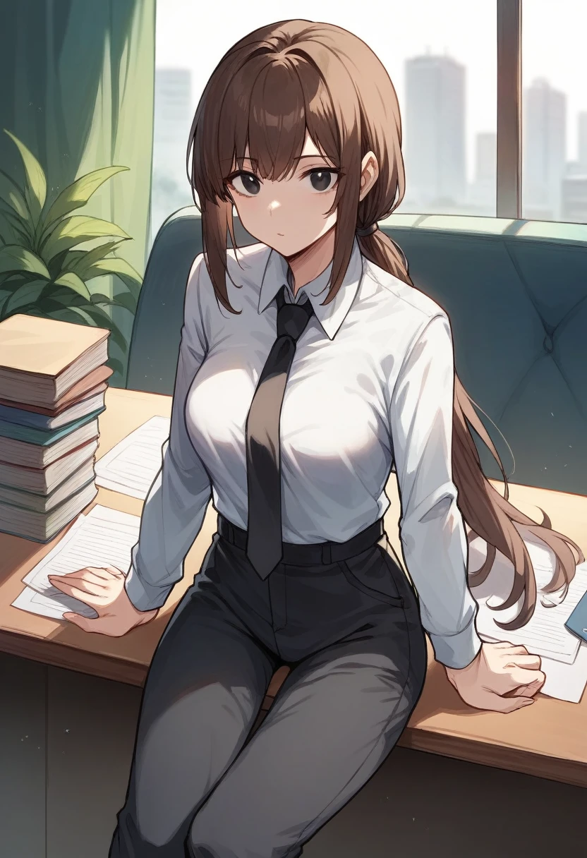 1girl, black eyes, black pants, close-up, perfect body, perfect anatomy, office, brown hair, long hair, hair, bangs, ,straight hair, low ponytail, looking at viewer,  black suit, black necktie, black pants, medium breasts, sitting at desk