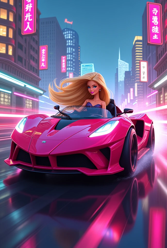 Barbie in a Fast and Furious cartoon car
