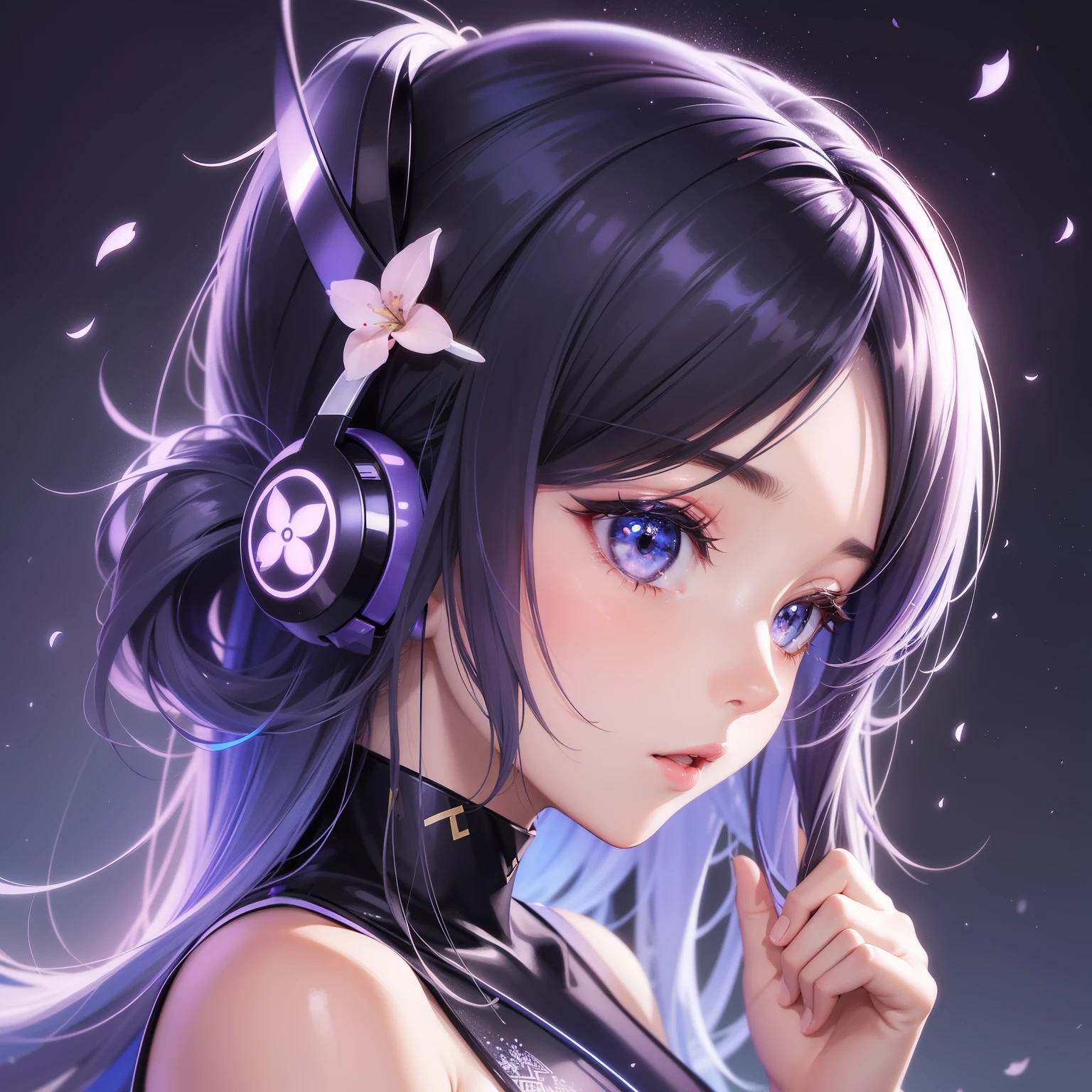 Create a circular icon featuring the text "Anime Soundscape AI" in a sleek, futuristic font. The background should be a gradient of deep blue and purple, with subtle sparkles to evoke a sense of magic and fantasy. Include a minimalist silhouette of a pair of headphones surrounding the text, with subtle anime-inspired elements like a small katana or cherry blossoms integrated into the design.