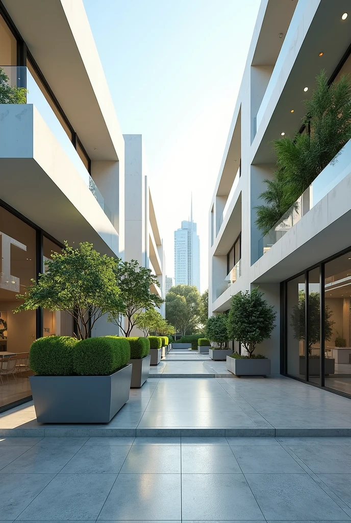 Like an expert architect, he creates a small square with a modern and futuristic style that contains planters. 