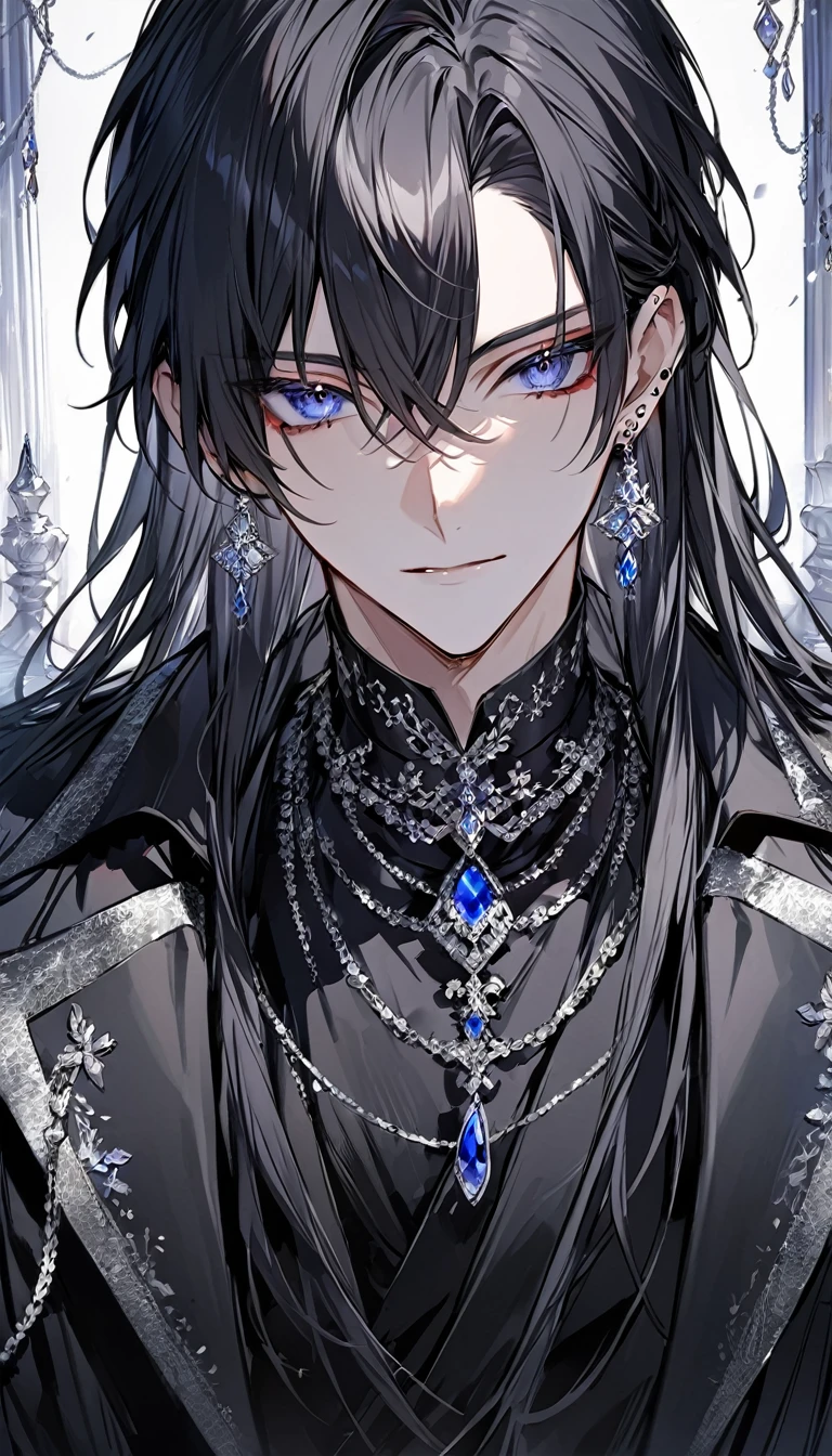 alone, good looking, 1 male, Long hair, Black hair, dark blue eyes, Black shirt, White Thailand, Black Trench Coat, Royal Silver Jewellery, Royal Earrings, Front Facing, Vtuber Front Facing Camera