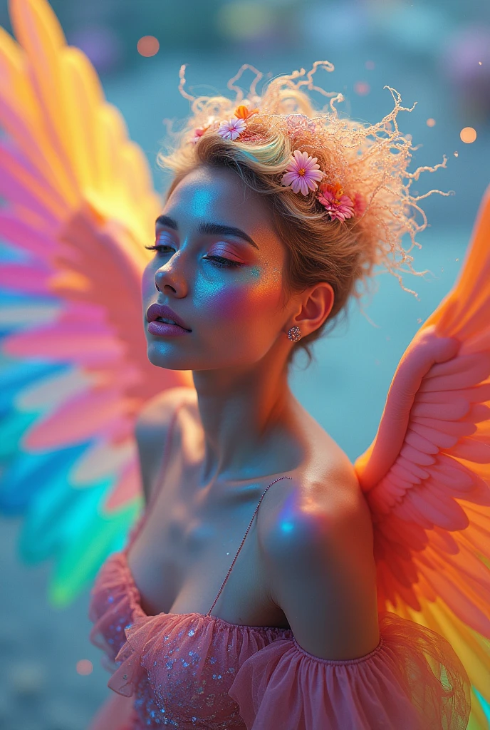 White woman in a rainbow like world. Very beautiful woman. Rainbow skin. Rainbow makeup. Majestic. Unreal. Incredibly beautiful. Rainbow wings. Rainbow landscape. Incredible detail. Ultra high quality.