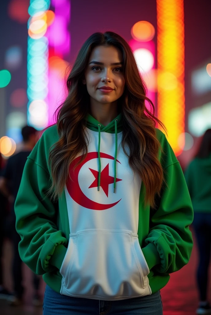 Fat woman wearing a white and green hoodie with the Algerian flag. She has long brown hair and is looking directly into the camera.. She puts her hands in the pockets of her hoodie, black background decorated with colored lights.