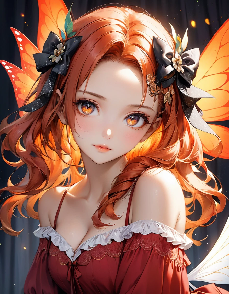 A close-up realistic and artistic portrait painting of a fairy she has a long vibrant sky orange fire wavy hair styled in loose curls with bangs framing her forehead, ((sexy rasgada roupas decote sensual)) adorned with a black floral bow, serene and contemplative expression, next to her right eye there is a small detailed butterfly wing tattoo, featuring intricate gold and gold patterns with sparkling accents and fine lines resembling veins, The tattoo caveira, consists of delicate black lines forming the wings, with small white dots representing scales. Small white decorative elements resembling flowers, arrows, or tiny branches extend from the wings, creating a sense of depth, wearing a red dress with off-the-shoulder sleeves featuring white lace trim and ruffles with intricate designs, A ribbon is tied into a bow at the center front of the dress, which has a deep V-neckline., Her expression is calm and gentle The scene is set in an elegant room with walls and a matching curtain featuring subtle butterfly design, The lighting is soft and even, highlighting the subject's facial ,The overall composition is centered and balanced, creating a whimsical, enchanting, and inviting mood, 8k, photorealistic, trending on ArtStation .by Galr Dfh