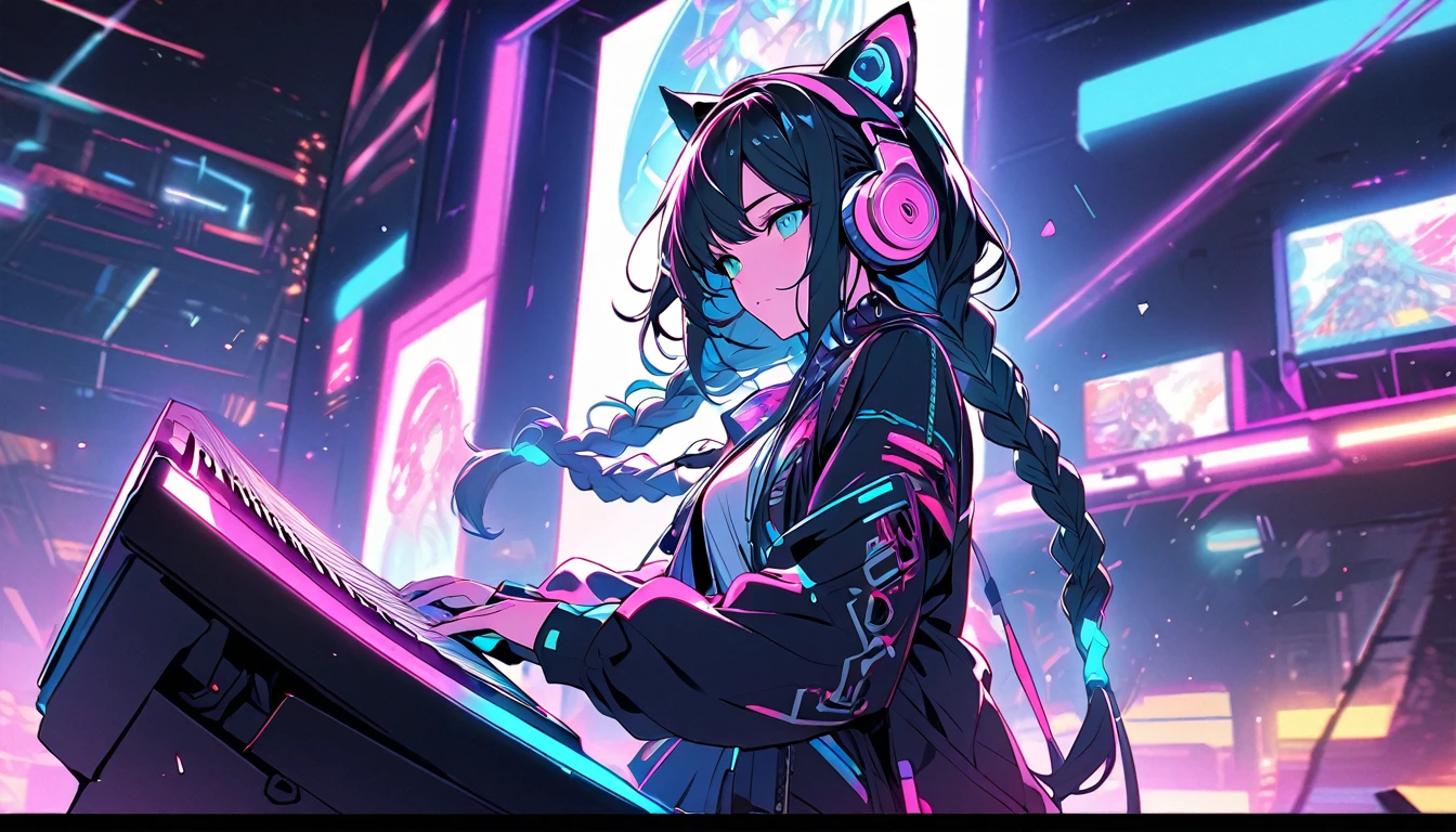 Beautiful 1, single, girl with braids, hair with glowing wires Wears a half hat, headphones, cat ears, mixed with sci-fi and neon tones. In the background is a robot with neon lights. The background image is a large robot, clearly visible. ,on stage, playing keyboard
