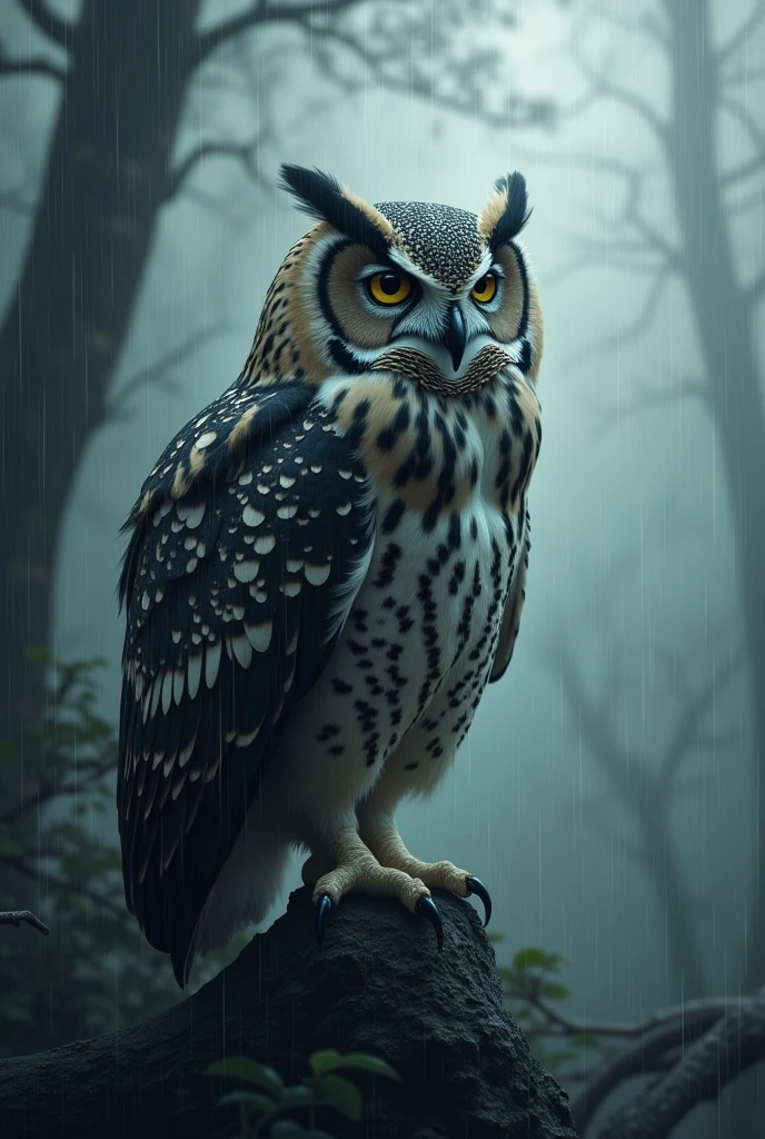 Owl in the rain on a grey afternoon, lots of rain