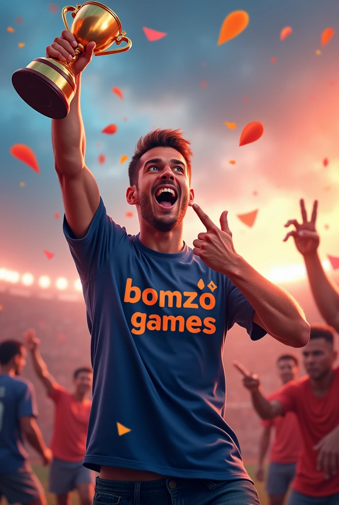 A guy shouting happily with a trophy in his hand and pointing to his shirt with his other hand, which is written: ``BOMZÃO GAMES`` in shirt