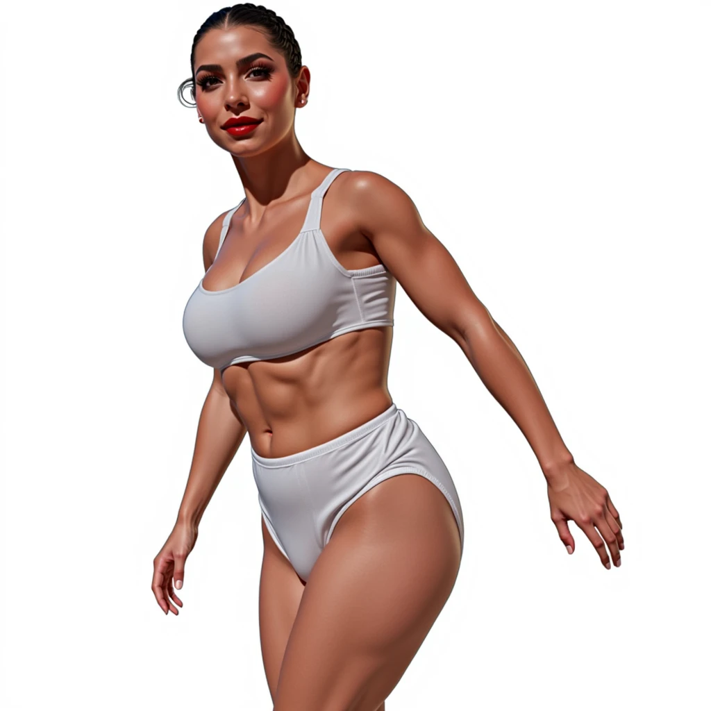 (masterpiece, best quality)), ((((perfect anatomy)))), Brazilian woman with tied back black braids, dark eye-shadow, dark red lipstick, dark brown eyes, white bra , (((white high cut cotton panties))), smiling, big hips, (((realistic art style)))