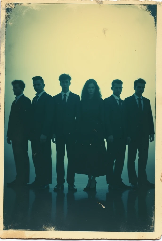 Create a vintage Polaroid photo featuring eight people—seven men and one woman—standing side by side. In the photo, only their shadows are visible, with no faces or other features apparent. The image has a mysterious and eerie atmosphere, emphasizing the enigmatic nature of the scene. The photo itself appears old, with slightly worn and faded edges, adding to its sense of mystery.