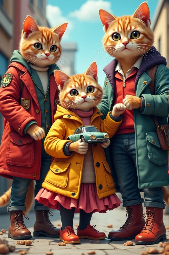 Char billiyan Hain अलग-अलग dress khubsurat pahani hai ek Billi ne ek Billi per hath rakha ho usne gadi bhi pahani hai aur khubsurat juta bhi