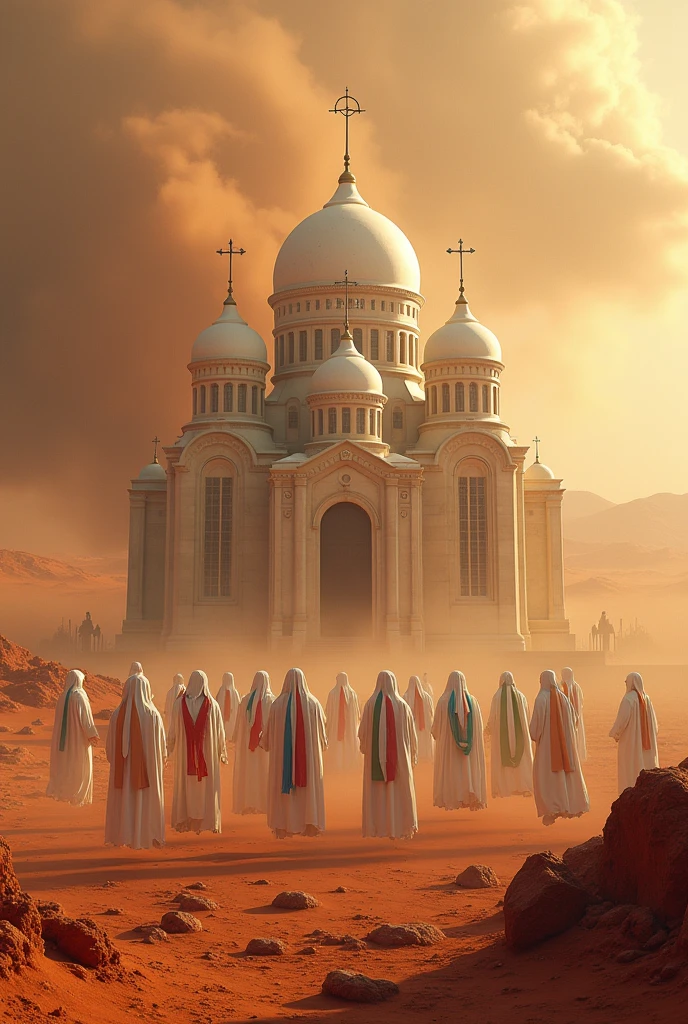 Create a photorealistic image of an Ethiopian classic Orthodox church with seven doms built on Mars ,large number of prayers wearing white cottonn clothes, the prayers stay on air only,the scene like dune film,dust storm, green,yellow and red fabric hanging over the prayers waving,add Ethiopian flag strip on their cloth.
