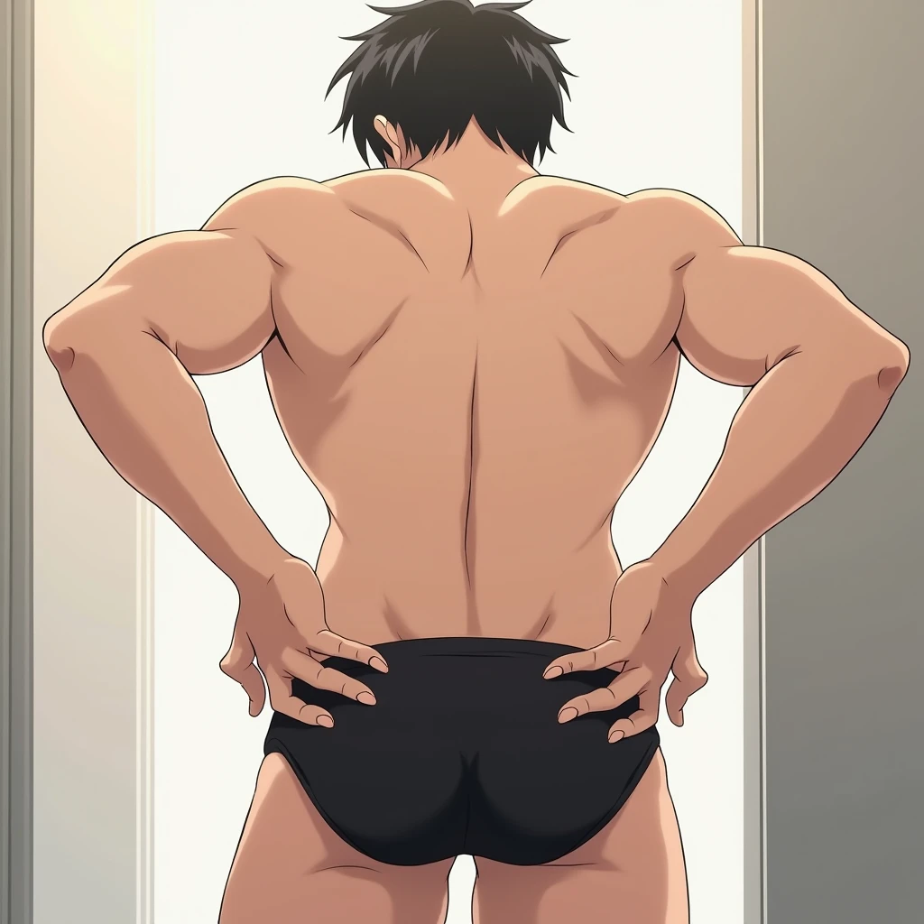 Anime boy big ass ,naked chest, no pants,he wears very tight black short underwear,he puts his hands on his ass to open it and he puts his ass close to the camera and his face doesn't show because his body is Blocks his head From the camera,his back is on the camera