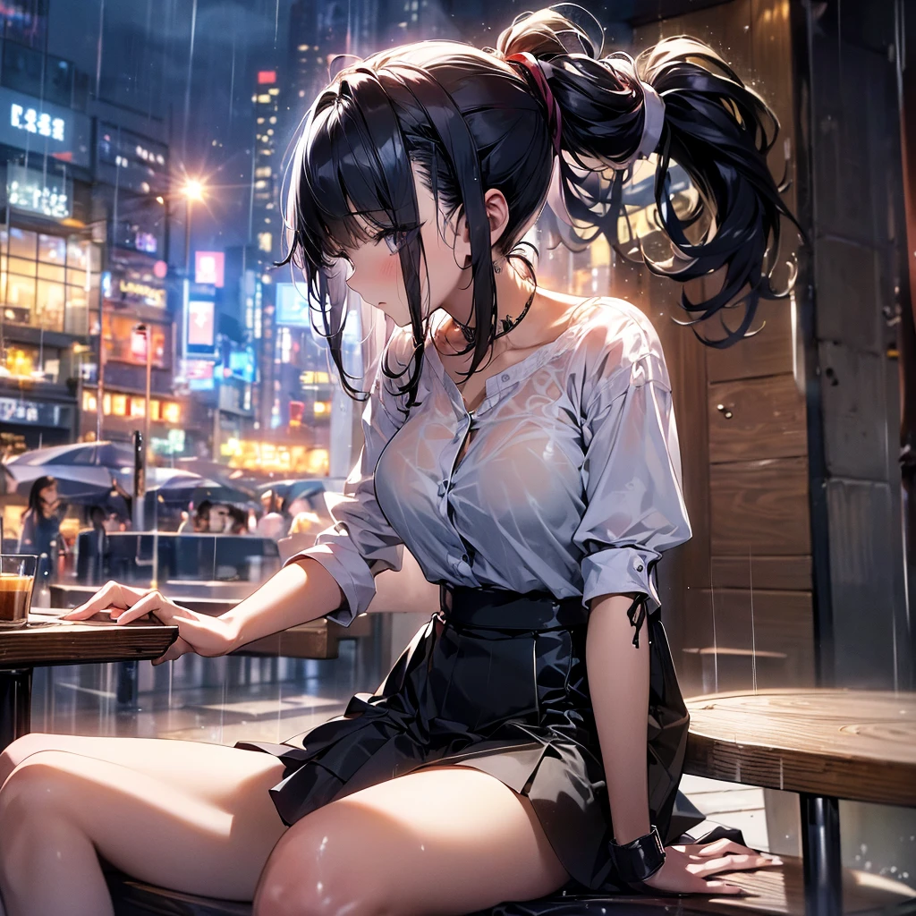 (high res 8K), (absurdres), (high aesthetic), 1 girl, 20 years old , sitting, blouse, tight-skirt, ponytail, black hair, cafe in Tokyo, raining, in summer, ice coffee, anatomically correct