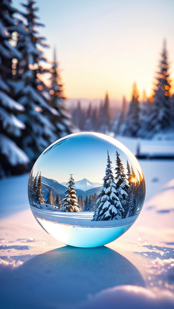 Snowy scenery reflected in a round crystal ball