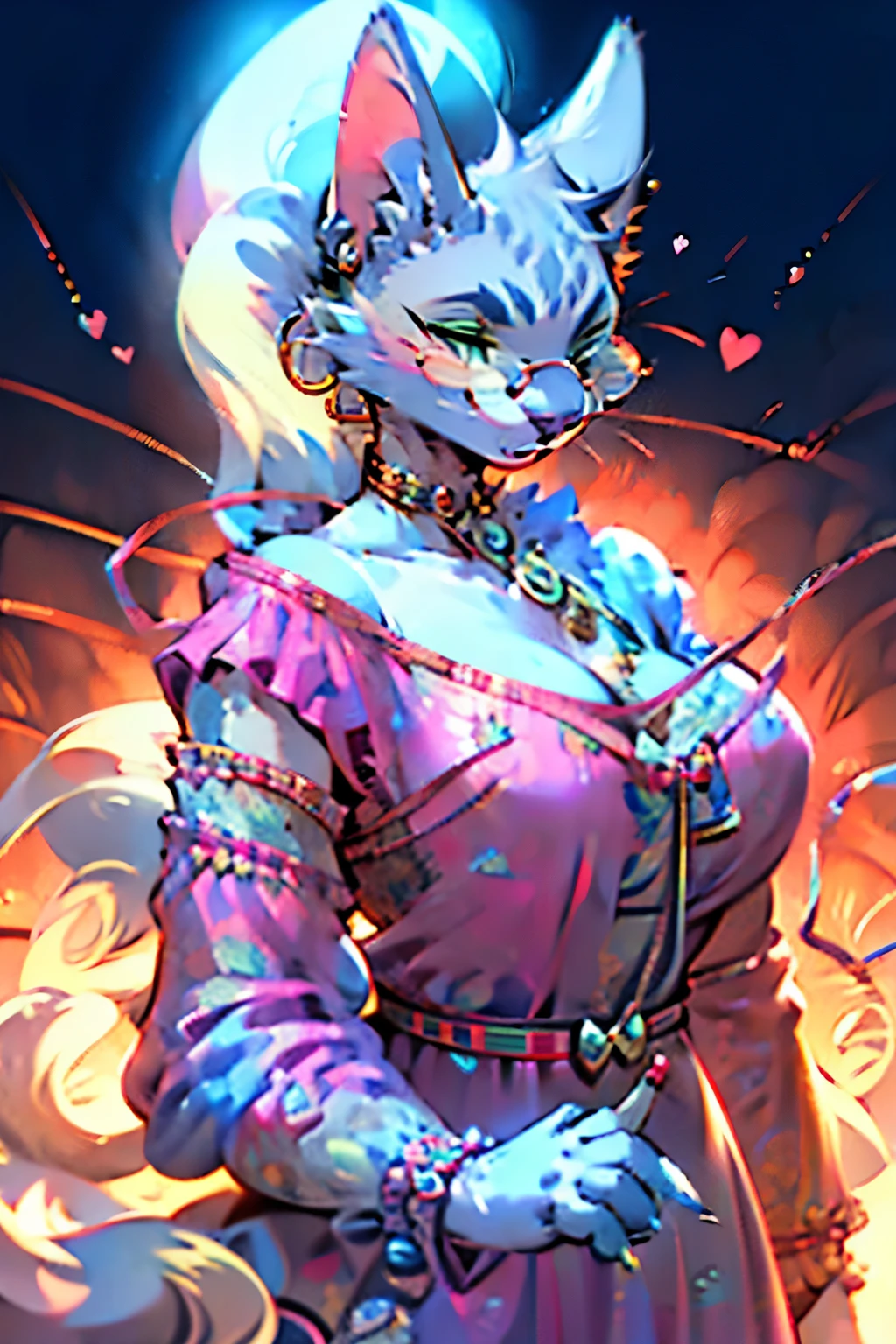 Clara Catnip, A medium-sized anthropomorphic cat with light gray fur and heart-shaped spots., emerald green eyes, pointed ears with white tufts, long tail with heart pattern, Sharp claws with pink glow, dressed in fashion from the 60s and 70s, dresses with geometric and floral patterns in vibrant colors, Silk scarves with heart motifs, large hoop earrings, tape measure around the neck, pins and needles held behind the ear, long white mustache, half-moon glasses, flirty style and 70s-60s hair.