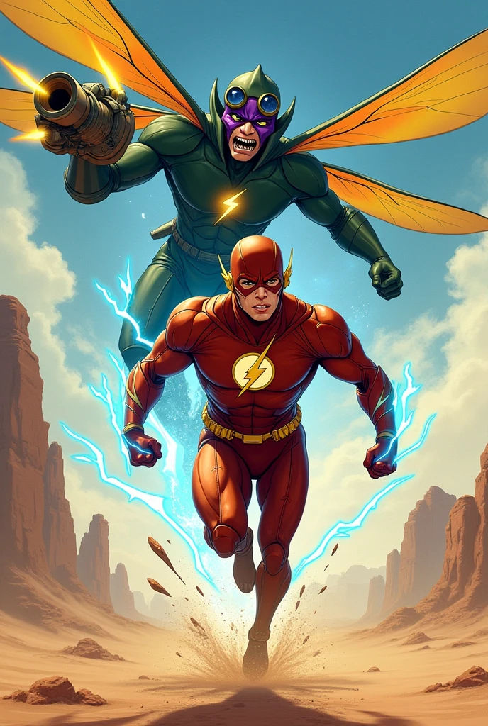 I want an illustration of Ezra Miller's Flash with Asian features and an aquiline nose., with large copper armor on the body and running in the desert between blue electric rays and chased from behind by a flying being with a purple face and fangs with a dark green suit and mask, round goggles and flies with four long dragonfly wings and a cannon that shoots yellow rays