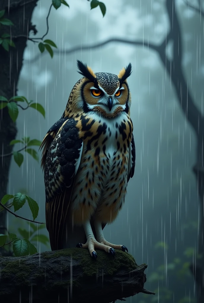 Owl in the rain on a grey afternoon, lots of rain