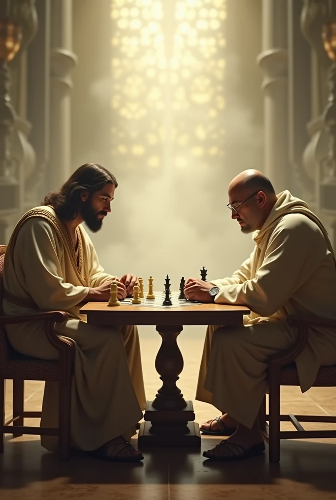 create an image of jesus christ playing chess against gary kasparov