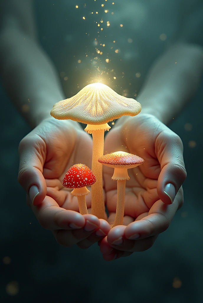 An image of hands with a mushroom in their hand that looks astral and a red psilocybin mushroom