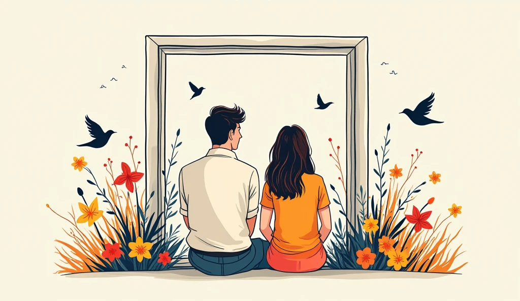  masterpiece, best quality, minimalism line style, Illustration, lineart, line art, simple art, man and woman sitting in the window, bright colors, birds, flowers