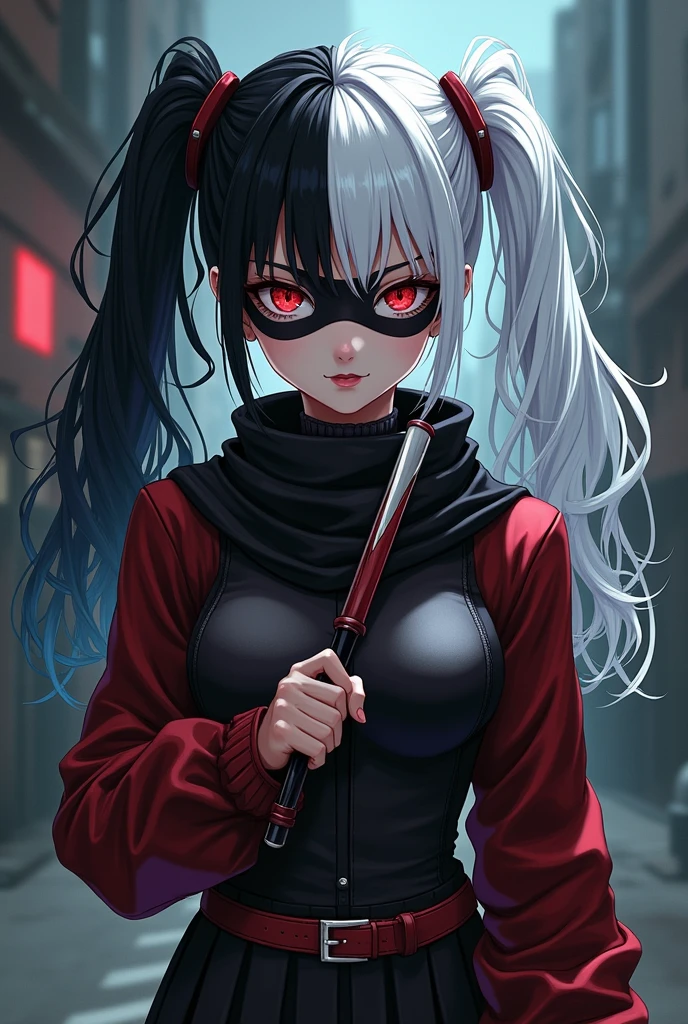 Create an evil anime style character similar to Harley Quinn with pigtails with one side of her hair black and the other white with a black mask and a black scarf and a bat 
