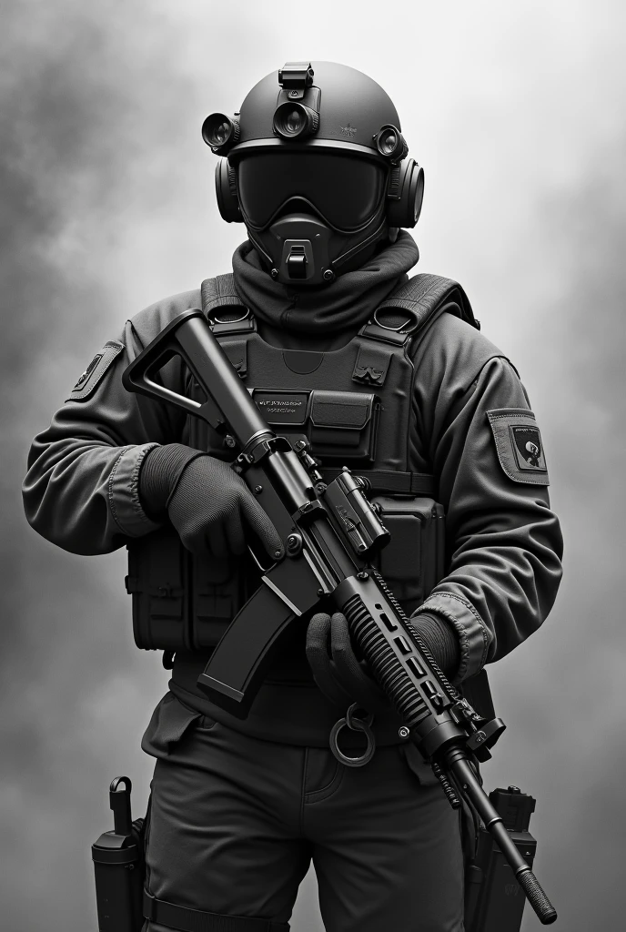 a modern Dutch soldier in combat clothing, a modulated plate carrier. a helmet with night vision on, with a Dutch colt c7 as a weapon, with handcuffs on his battle belt, standing with the weapon in front of his chest, with smoke in the background, black and white realistic