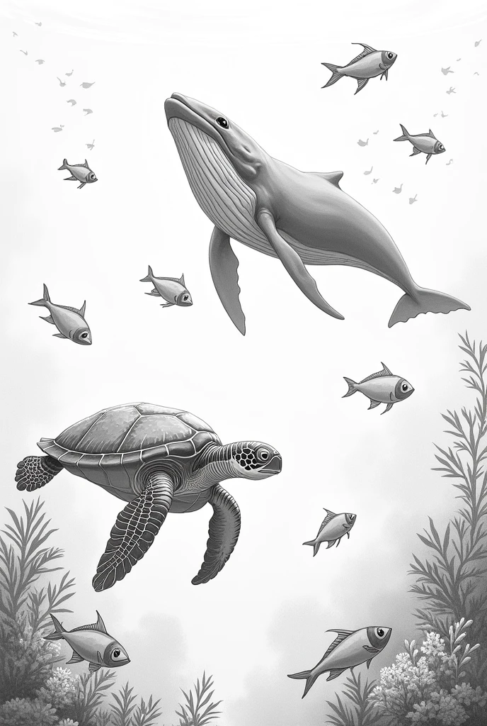 A turtle, a whale and fish swimming, that it is a black and white drawing