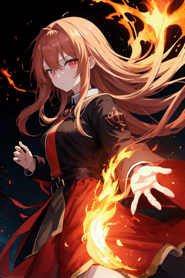 anime style, darkness young girl with fire, 8K, in the battle, masterpiece