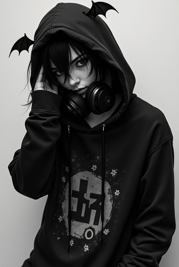 Man black hair cold weather hoodie black eye white emo shirt rizz emote pants black and white background headphone and bat wing full white shirt cold weather hoodie hair up to nose

