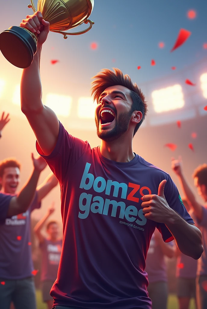 A guy shouting happily with a trophy in his hand and pointing to his shirt with his other hand, which is written: ``BOMZÃO GAMES`` in shirt