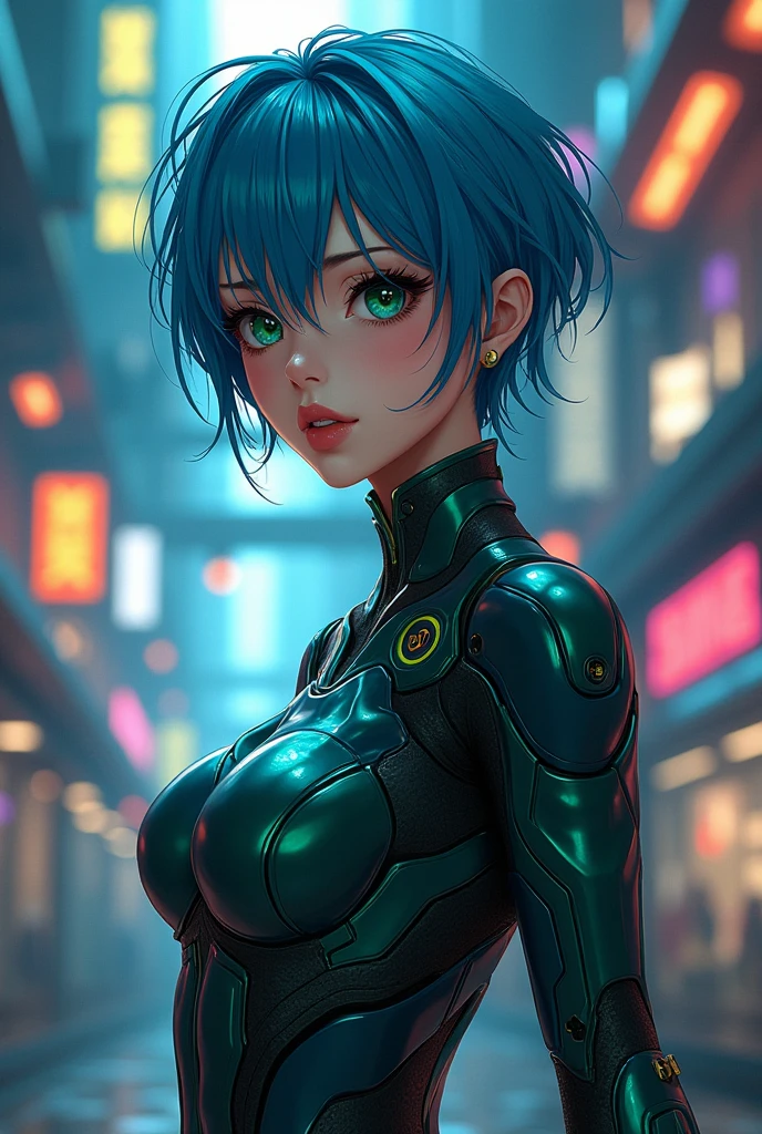 A thicc anime girl, short blue pixie haircut, dark green eyes, large breasts, skintight dark blue and dark green pilot suit, mecha, futuristic, (best quality,4k,8k,highres,masterpiece:1.2),ultra-detailed,(realistic,photorealistic,photo-realistic:1.37),highly detailed face, highdetailed eyes and lips, dynamic pose, intricate details, neon lights, cinematic lighting, glowing highlights, vibrant colors