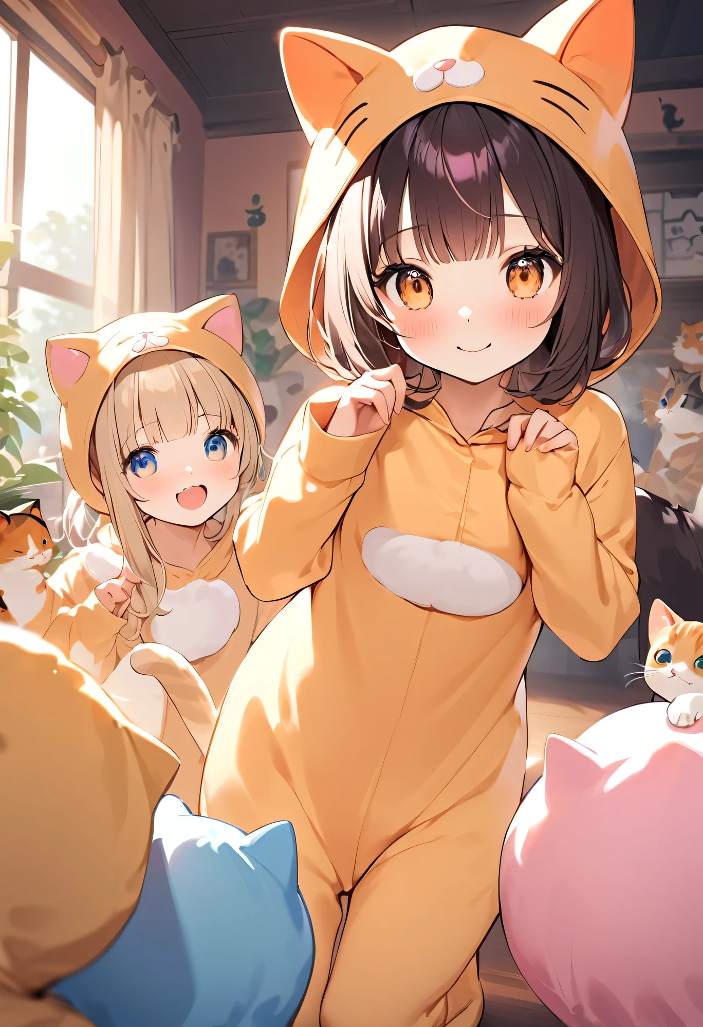 Highest quality、High resolution、Detailed Background、(Beautiful face in every detail:1.4)、Normal number of fingers、Highly detailed face、Detailed eyes、Teenage beauty、Perfect body line、Light color hair、Bobcut、ponytail、Twin tails、cute hairstyle、An innocent smile、Cute gestures、
(A girl playing with her friends in cat costumes, innocent and happy.:1.5)、
The girls wore cute cat ear headbands.、Has a fluffy tail、
The knitted one-piece has a cat's face printed on it, and she is wearing gloves with small paw prints on them.、On her feet, she is wearing green leggings and fluffy slippers.、Just like a real kitten、Running around energetically、Lounging around at home、Basking in the sun by the window、「Her」"、Pretending to lick a plate of snacks、The way he relaxes just like a real cat、So cute、It's filled with a happy atmosphere、The girls were playing enthusiastically.、It's a sight that will make you smile.、cute