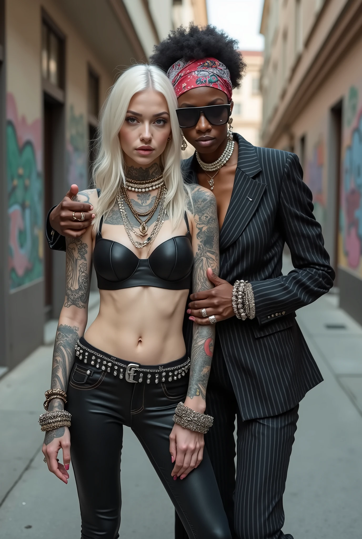 Two russian old milf women: the dominant aggressive dark skinned black woman in business pinstripe suit (jacket and trousers), black heeled shoeslong nails and afro hair, standing up with separated legs and possessive stance showing off her new white girlfriend to the camera (arm around her girlfriends' neck squishing her back tightly, and grabbing tightly the white woman arm with her other hand, like a predator on her prey). Next to her, her white rich drunk girlfriend looks at the camera (white woman is very pale: pale face, pale neck, pale chest, pale arms, pale hands, pale stomach, pale leg), white woman stretches her neck is feeling overwhelmed by her girlfriend. white woman leans on her girlfriend heavily, feeling needy. white woman is being seduced. White woman stands up with separated legs, White woman"s body is twisted and unstable, the hands of white woman are on her belt. White woman dresses in rock chic style: low rise skinny leggings, platinum blonde hair (straight hair with middle part, wide colourful bandana as headband) and oversized square sunglasses as headband. Big lips with no makeup. White woman wears Black studded leather push up bra and has big breasts. Barefoot.. Lots of thick wide studded bracelets in the wrists of the white woman, big pearl necklaces around the neck of the white woman, and big rings, Pearl earrings. Wide loose studded belt with big solid buckle. Loose chains and studded belts around the hips of the white woman. White woman is lazy, leaning on her girlfriend.. The white woman is densely tattooed on neck, tattoed chest, tattoed arms, tattoed stomach, tattoed legs, wrists and feet. White woman has well Toned abdominals, thin neck, slim legs and thin arms. White woman has Narrow hips and noticeable tigh gap. The body of the white woman is twisted in a lazy posture. Full body. On a narrow street with graffitied walls