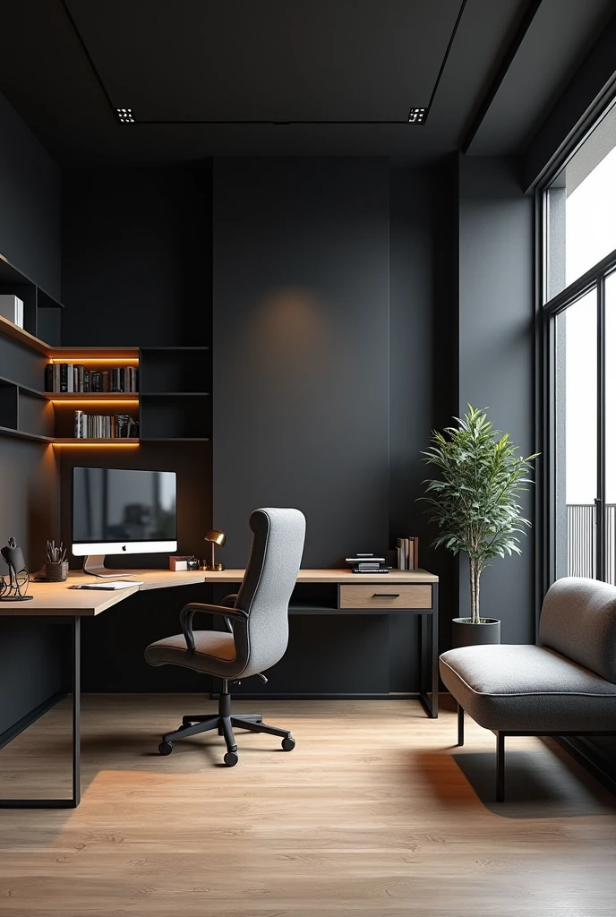 A modern apartment. Work room design. Wide work room. There is a big office chair, table with a monitor and some stationery, a book shelf, and a sofa near the door. The table and chair is on the left side. There is a tablet PC on the sofa. There is a balcony beside the room. Interior design. Modern black and wood interior.