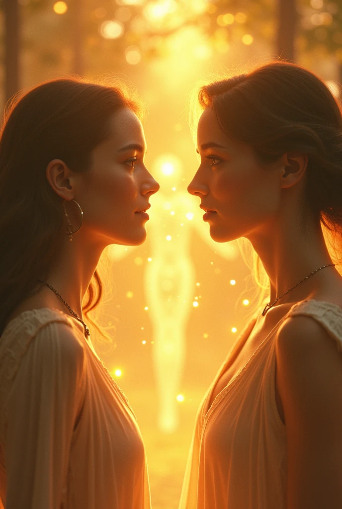 A white shiny woman without face comes from sunshine to another woman who looks disappointed, because theyre depart