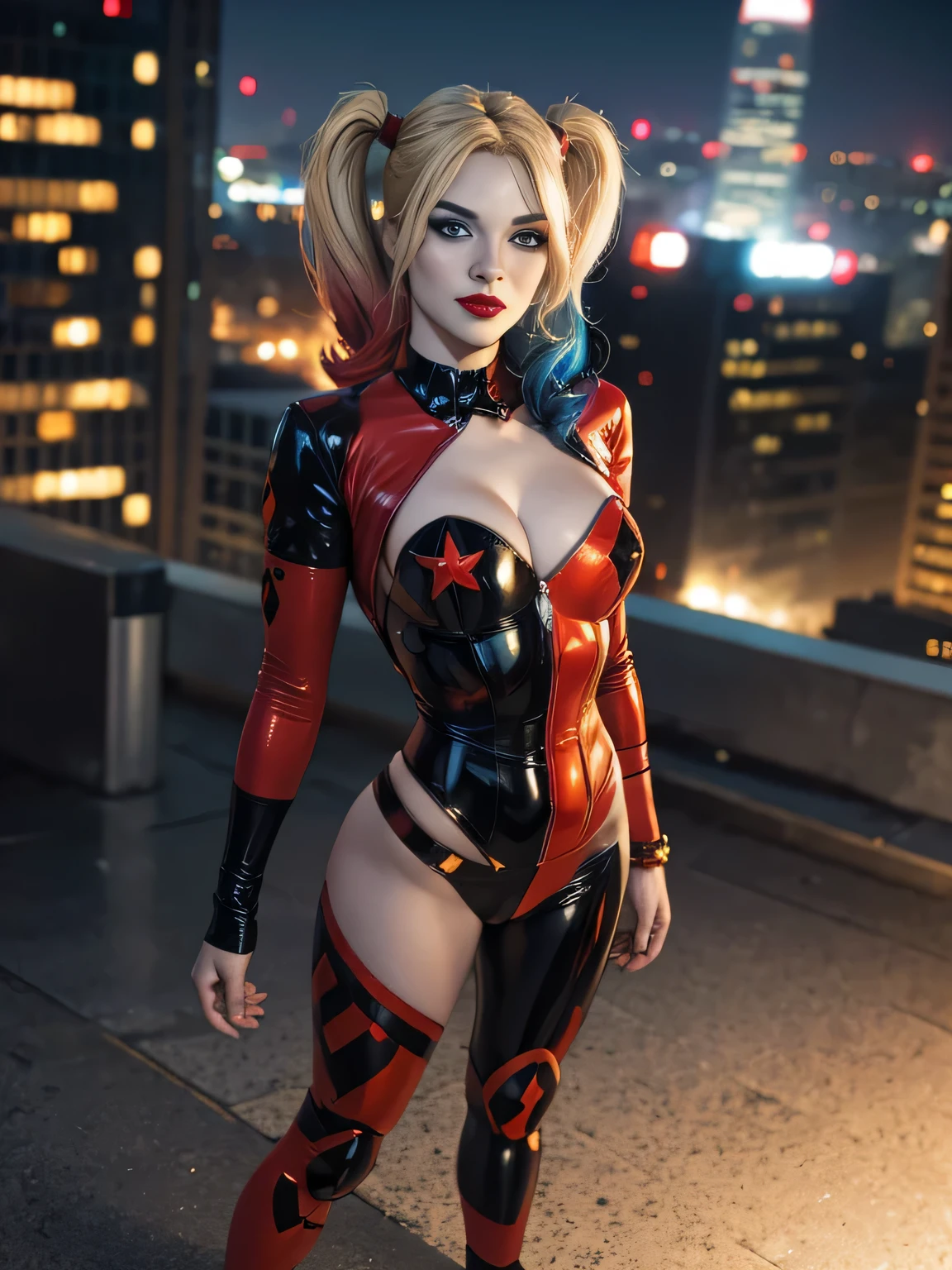 ((full-length portrait, standing, feet on the floor)) straight, looking at viewer, BREAK, cartoon_Harley Quinn, lipstick, original outfit, blue eyes, makeup, lips, red lips, Bodysuit, cleavage, heroine pose, bright, centered art, BREAK, official arts, extremely detailed CG unit wallpaper 8k, full body, looking at viewer, perfect lighting, colorful, bright facial lighting, glowing skin, standing, (work- prime: 1.0), (best quality: 1.0), extra high resolution, 4k, ultra-detailed, photographic, 8K, HDR, high resolution, realistic, (absurd: 1.2), Kodak Portra 400, film grain, blurred background, (bokeh: 1.2), lens flare, (Vibrants_Color: 1.2), professional photo of (beautiful face: 1.5) night city background, skyscraper on the roof, exposed skin, slender body shape, short hair