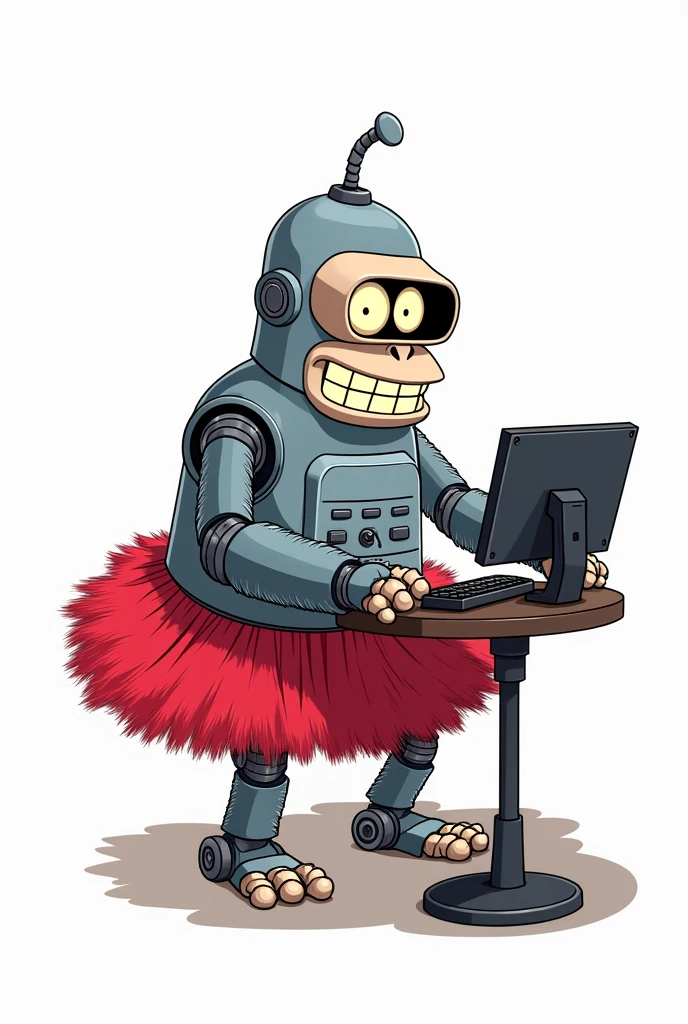 A cartoon-style illustration of a gorilla robot with a design loosely similar to Bender from Futurama. The gorilla robot has a metal body, grey fur, googleyeyes, and a smile.  It has control panel on its chest and is wearing a red tutu (#e50046) tutu. isolated on white. sat at a computer