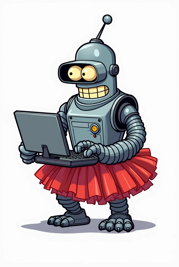 A cartoon-style illustration of a gorilla robot with a design loosely similar to Bender from Futurama. The gorilla robot has a metal body, grey fur, googleyeyes, and a smile. It has control panel on its chest and is wearing a red tutu (#e50046) tutu. isolated on white. sat at a computer