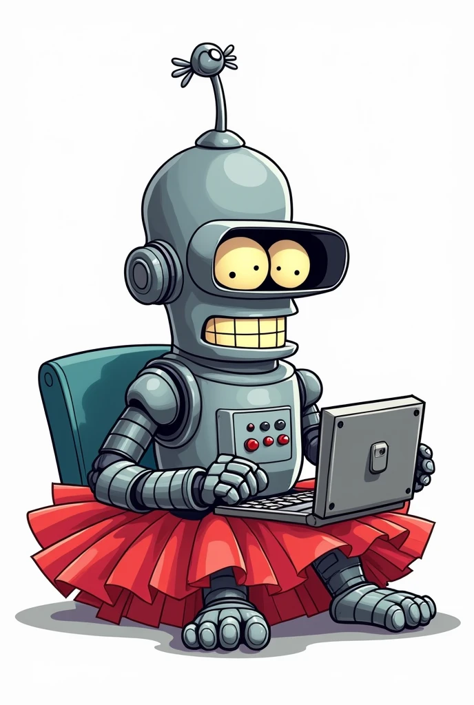 A cartoon-style illustration of a gorilla robot with a design loosely similar to Bender from Futurama. The gorilla robot has a metal body, grey fur, googleyeyes, and a smile.  It has control panel on its chest and is wearing a red tutu (#e50046) tutu. isolated on white. sat at a computer