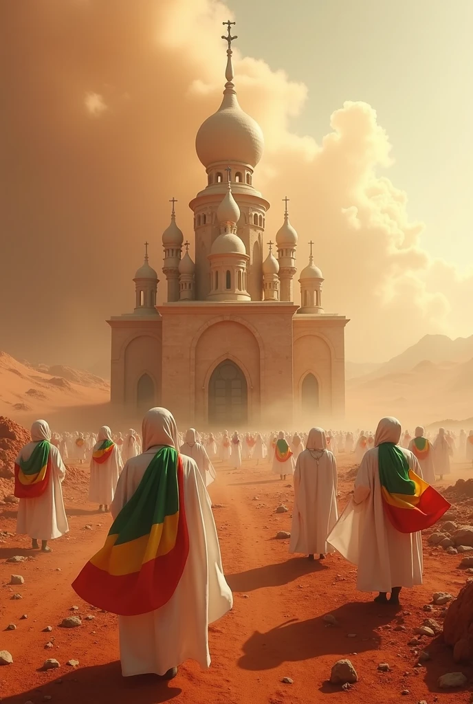 Create a photorealistic image of an Ethiopian classic Orthodox church with seven doms built on Mars ,large number of prayers wearing white cottonn clothes, the prayers stay on air only,the scene like dune film,dust storm, green,yellow and red fabric hanging over the prayers waving,add Ethiopian flag strip on their cloth.